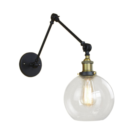 Industrial Bedroom Wall Sconce Lighting Fixture With Clear Glass Globe Shade - Black/Antique