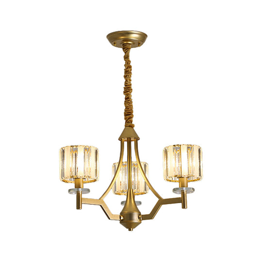 Gold Prismatic Crystal Cylinder Chandelier Lamp with 3/6 Bulbs - Postmodern Hanging Light