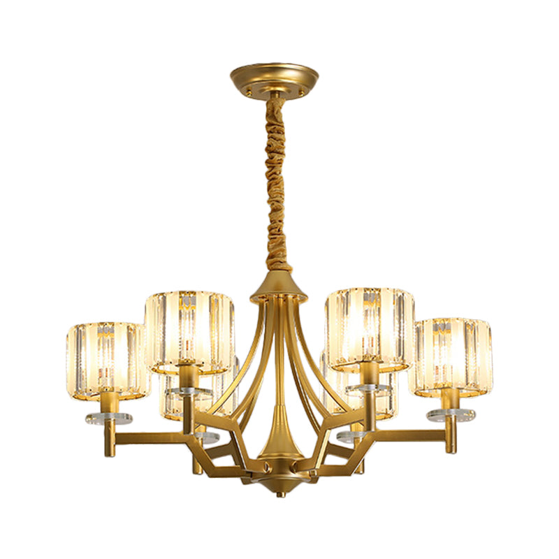 Modern Gold Cylinder Chandelier Lamp: Prismatic Crystal Hanging Light (3/6 Bulbs)