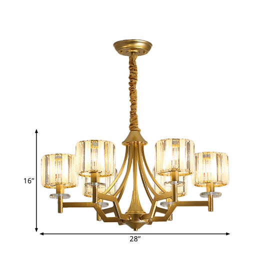 Modern Gold Cylinder Chandelier Lamp: Prismatic Crystal Hanging Light (3/6 Bulbs)