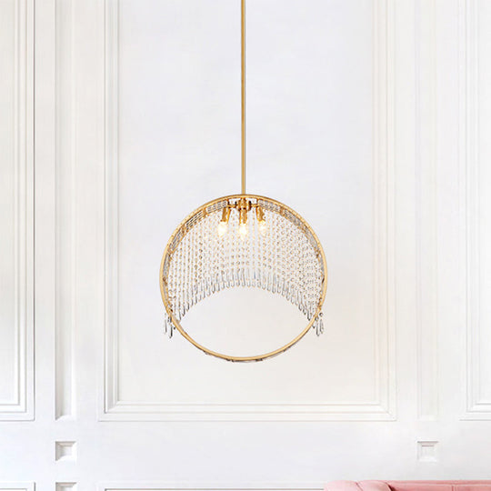 Modern Circle Drop Pendant Iron Chandelier - Gold with Crystal Drapes