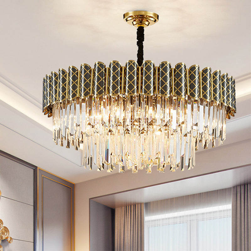 Modern 2-Tier Crystal Pendant Light With 9 Bulbs - Black-Gold Finish Living Room Chandelier