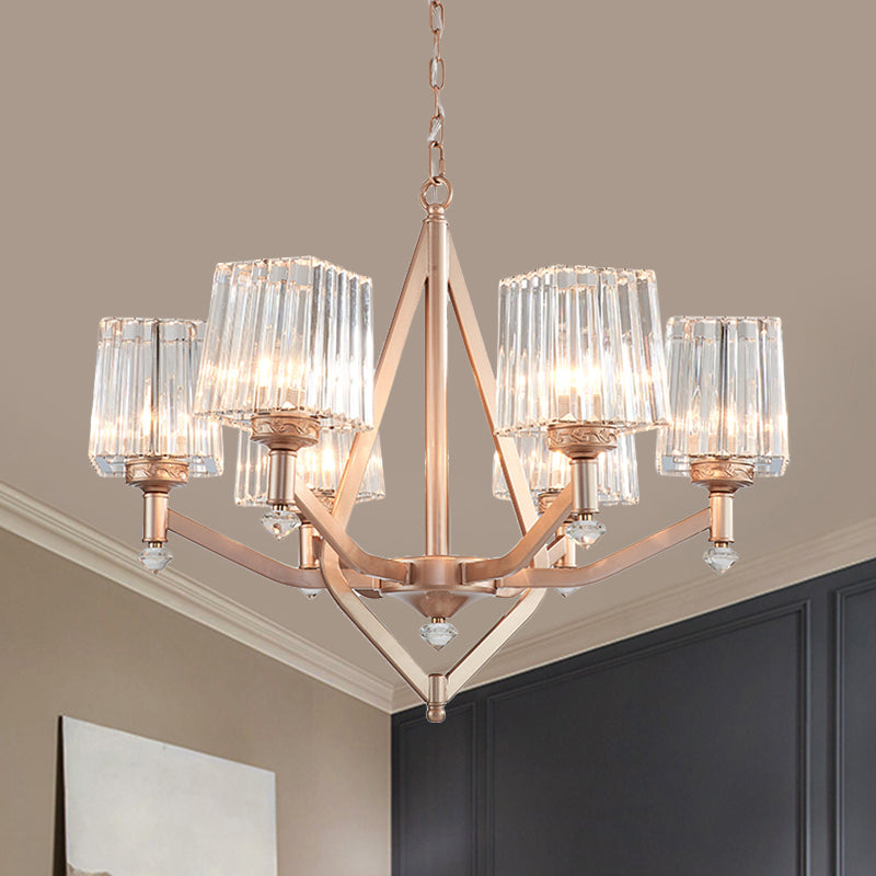 Modern Crystal Prism Rose Gold Hanging Chandelier - 6 Light-Up Cubic Lamp For Hotels