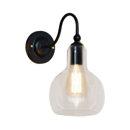 Black Industrial Wall Sconce With Clear Glass Gourd Shade - Single Bulb Corridor Lighting Fixture