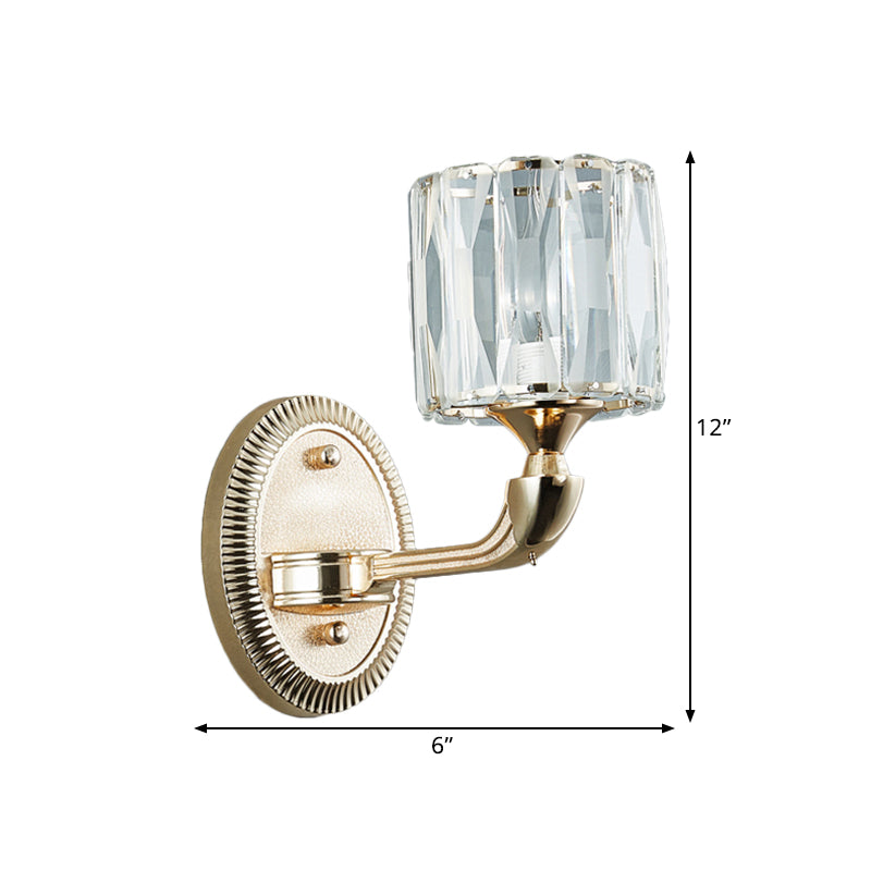 Contemporary Gold Cylinder Crystal Wall Lamp - Beveled Cut 1/2-Head Design Stylish Living Room Mount