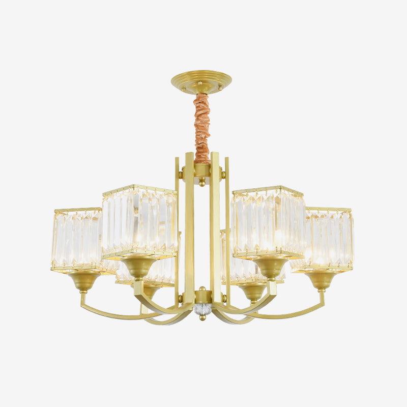 Clear Crystal Ceiling Pendant Chandelier With Gold Arm - Contemporary Design Cubic Shade 3/6 Bulbs