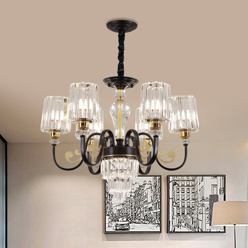 Modern Black 6-Head Chandelier with Clear Cylinder Shade - Sleek Metal Curvy Arms - Hanging Light Fixture