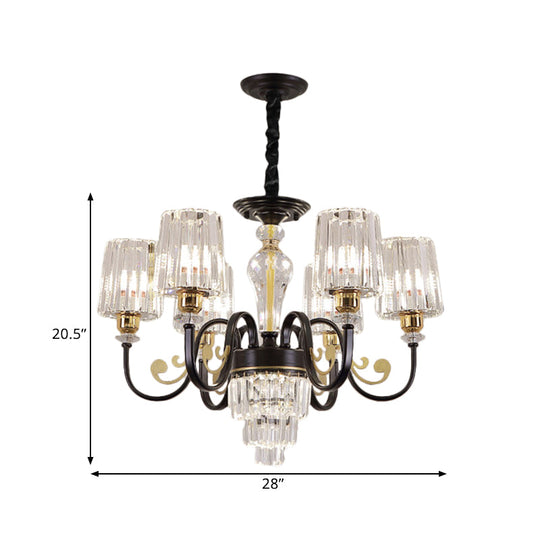 Modern Black 6-Head Chandelier with Clear Cylinder Shade - Sleek Metal Curvy Arms - Hanging Light Fixture