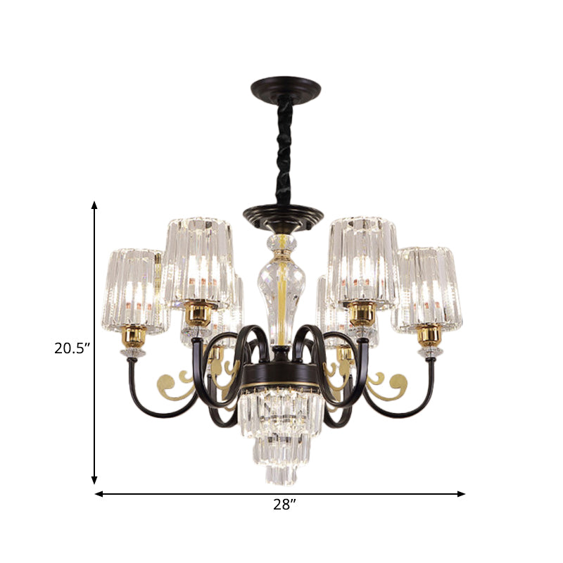 Modern Black Chandelier Light With 6 Metal Curvy Arms And Clear Cylinder Shades