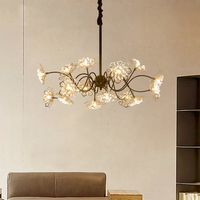 Bronze Floral Pendant Chandelier with Crystal Beads - 16 Bulb Contemporary Metal Light Kit