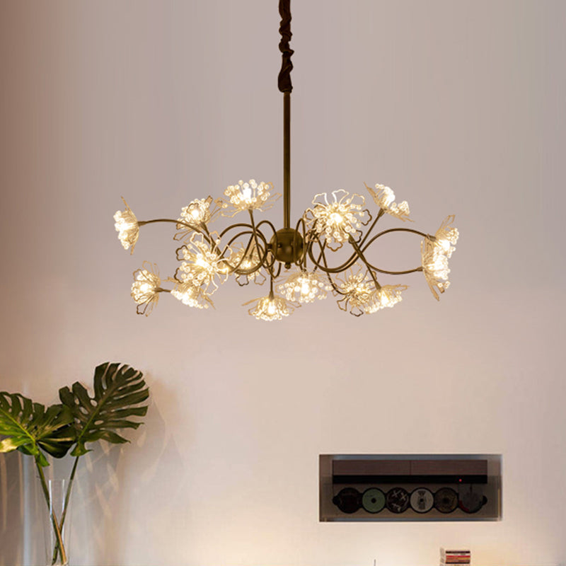 Bronze Floral Pendant Chandelier with Crystal Beads - 16 Bulb Contemporary Metal Light Kit