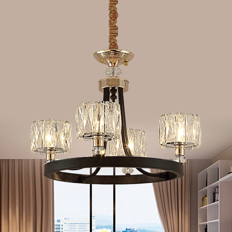 Modern Black Metal Pendant Chandelier With Clear Crystal Shade - 4 Head Ring Kit