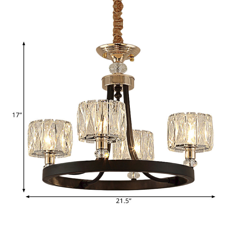 Modern Black Metal Pendant Chandelier With Clear Crystal Shade - 4 Head Ring Kit