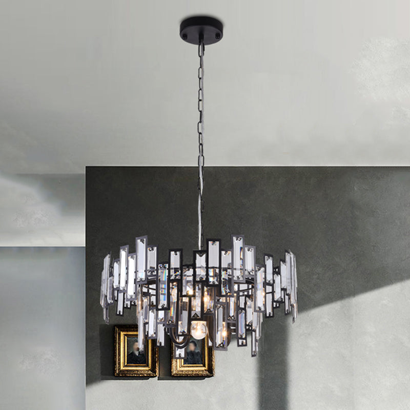 Contemporary Gold/Black Round Bedroom Suspension Light With Clear Crystal Block Embedded Chandelier
