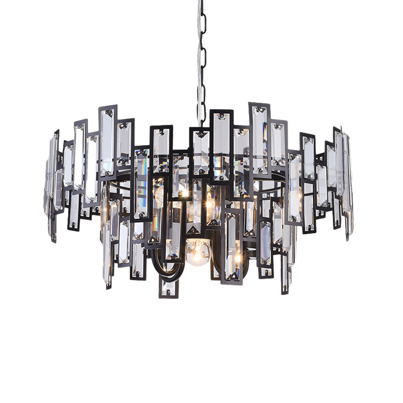 Contemporary Gold/Black Round Bedroom Suspension Light With Clear Crystal Block Embedded Chandelier