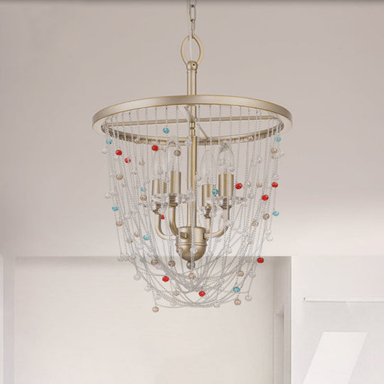 Modern Metal Living Room Chandelier - Candle Style With Crystal Bead Strand Decor Gold Finish 4