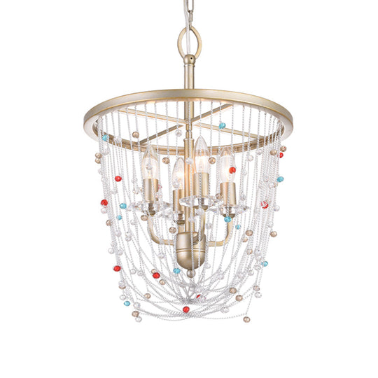 Modern Metal Living Room Chandelier - Candle Style With Crystal Bead Strand Decor Gold Finish 4