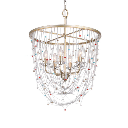 Modern Metal Living Room Chandelier with Crystal Bead Strand Decor, Gold Finish, 4-Light Candle Style Hanging Lighting, 15.5"/23.5" Width