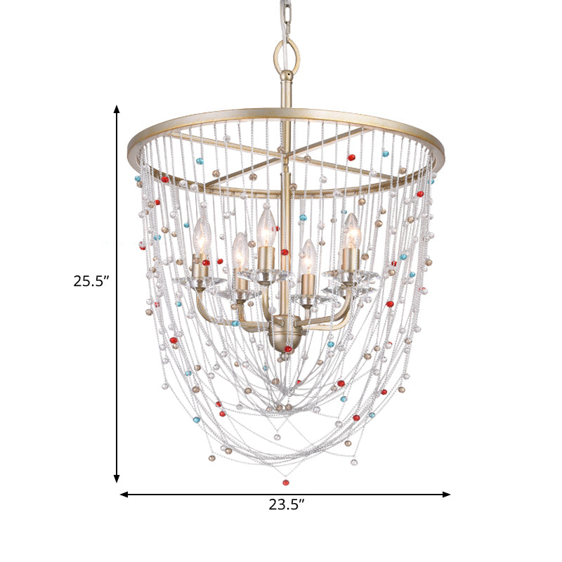 Modern Metal Living Room Chandelier with Crystal Bead Strand Decor, Gold Finish, 4-Light Candle Style Hanging Lighting, 15.5"/23.5" Width