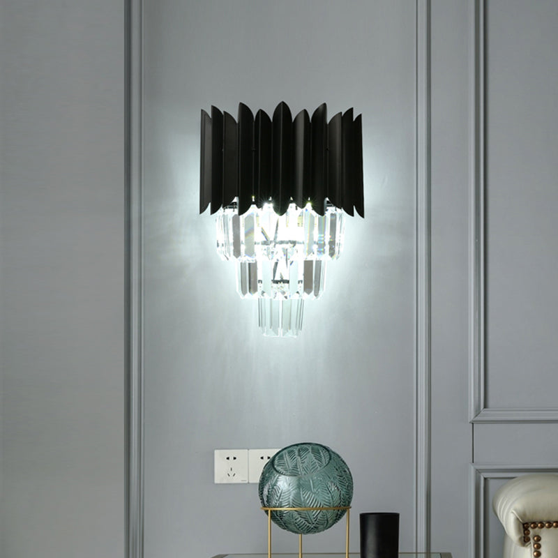 Modern Black Wall Sconce With Tapered Bulbs Clear Crystal Prisms - Flush Mount