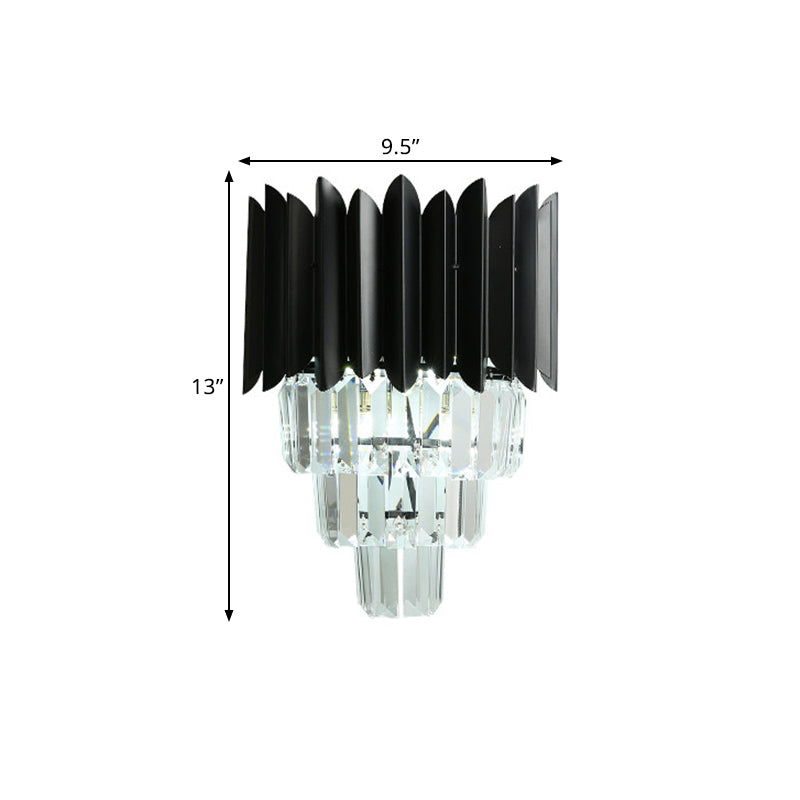 Modern Black Wall Sconce With Tapered Bulbs Clear Crystal Prisms - Flush Mount