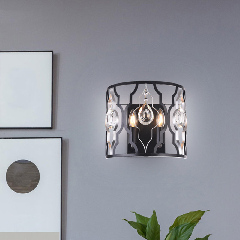 Modern Metal Frame Black Wall Sconce With Crystal Droplets - Half-Cylinder Design 2 Heads
