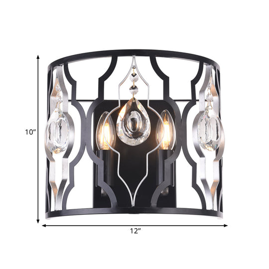 Modern Metal Frame Black Wall Sconce With Crystal Droplets - Half-Cylinder Design 2 Heads