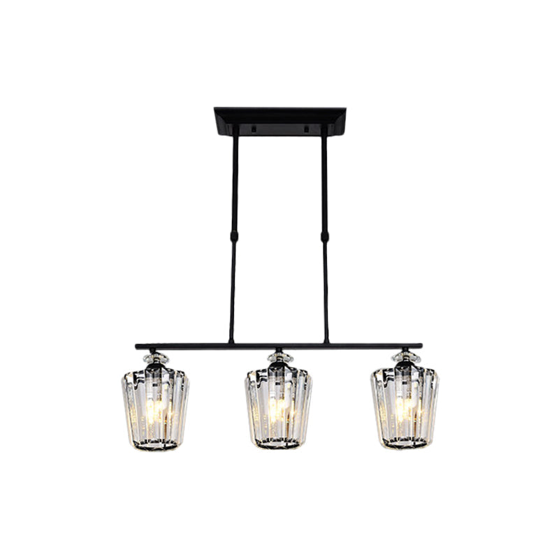 Modern Black Metal Island Chandelier With Cylindrical Crystal Shade - 3/4 Heads