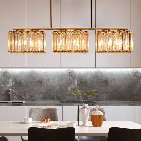 Contemporary Gold Pendant Lighting For Dining Room - Metal Linear Island Lamp With Clear Cuboid