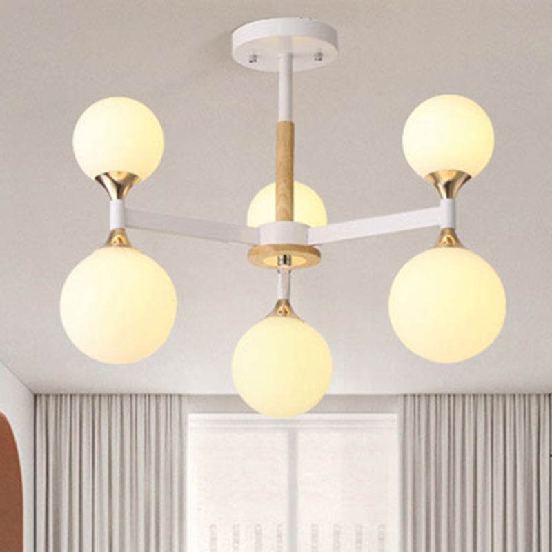 6/12-Light Glass Ball Chandelier - Wood And Metal Pendant Lamp For Restaurants 6 / White