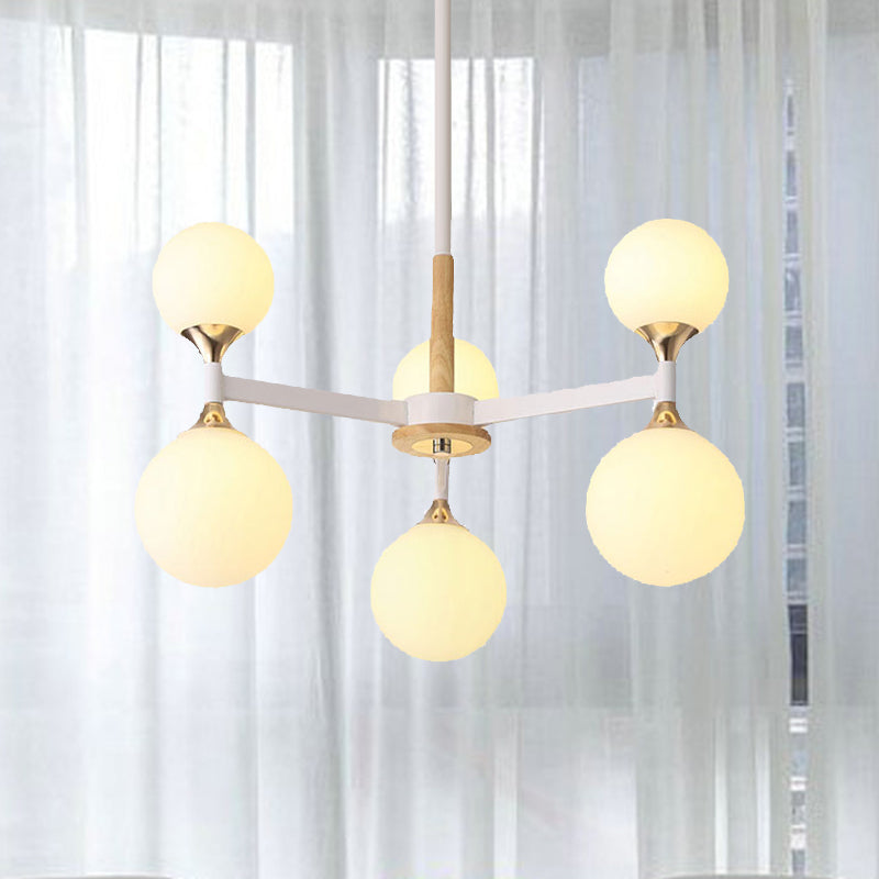 6/12-Light Glass Ball Chandelier - Wood And Metal Pendant Lamp For Restaurants