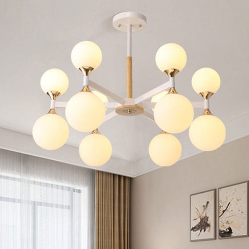 6/12-Light Glass Ball Chandelier - Wood And Metal Pendant Lamp For Restaurants 12 / White