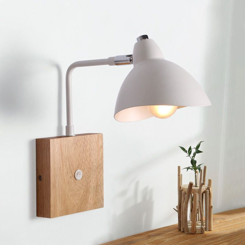 Contemporary Metal Wall Lamp - White Light Sconce With Square Wooden Backplate