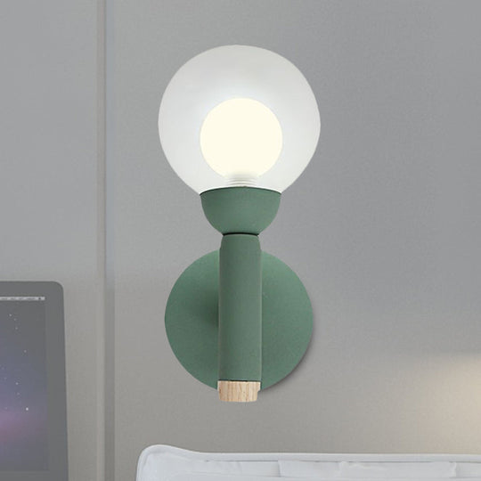 Modern Macaron Style Torch Wall Sconce With Clear Glass Shade - 1 Light Mini In Green/Grey/White