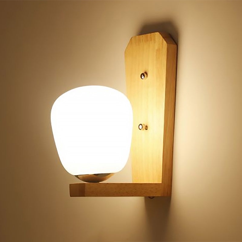 Nordic Style Milk Glass Mini Wall Light For Bedroom Wood Mount Indoor Lighting - 1