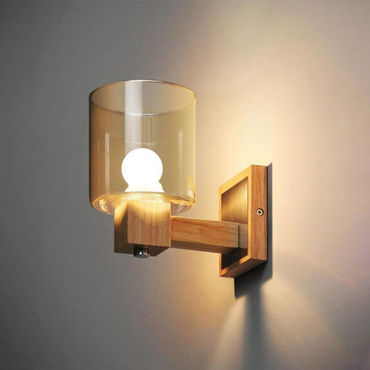 Nordic Style Cognac Glass Wall Sconce Fixture - Minimalist Wood 1-Light Cylinder Light