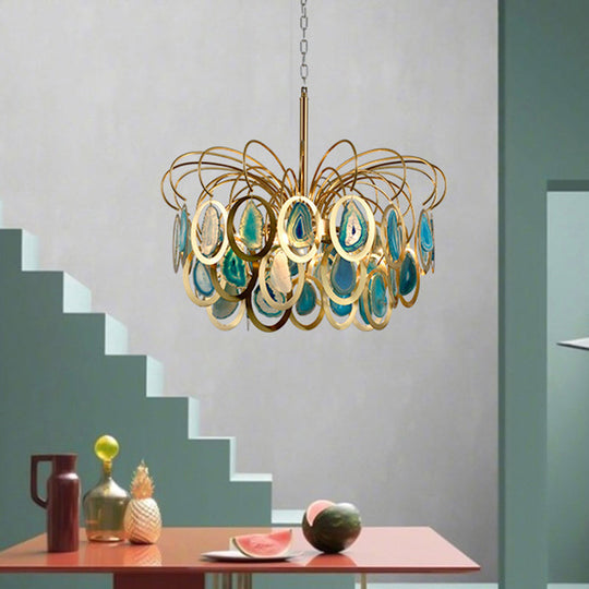 Modern Green Peacock Feather Chandelier - 5-Head Iron Ceiling Pendant with Agate Accents