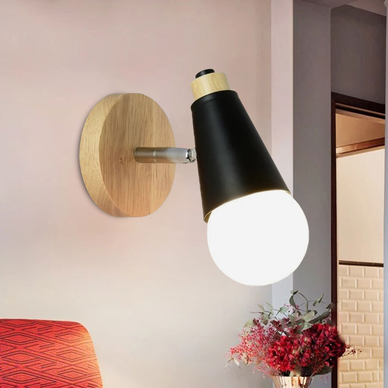 Rotatable Nordic Sweet Cone Wall Light - Child Bedroom Sconce With Metal/Wood Backplate Black / Wood
