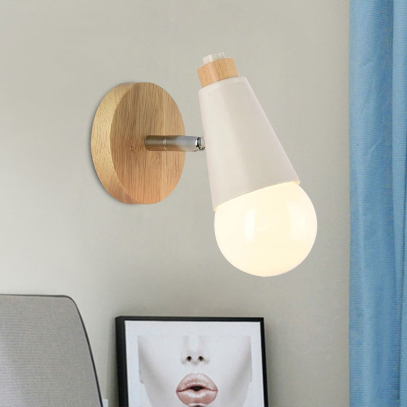 Rotatable Nordic Sweet Cone Wall Light - Child Bedroom Sconce With Metal/Wood Backplate White / Wood