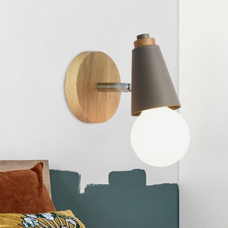 Rotatable Nordic Sweet Cone Wall Light - Child Bedroom Sconce With Metal/Wood Backplate Grey / Wood
