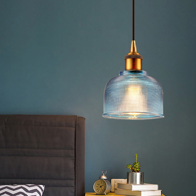 Stylish Grid Glass Pendant Light - Traditional 1 Head Hanging Lamp Cup Shade for Living Room and Cafe
