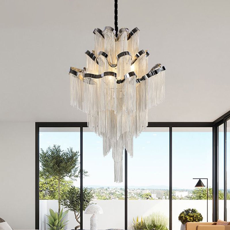 Modernist Nordic Style Metal Chain Chandelier - 8-Light Silver Ceiling Light Fixture