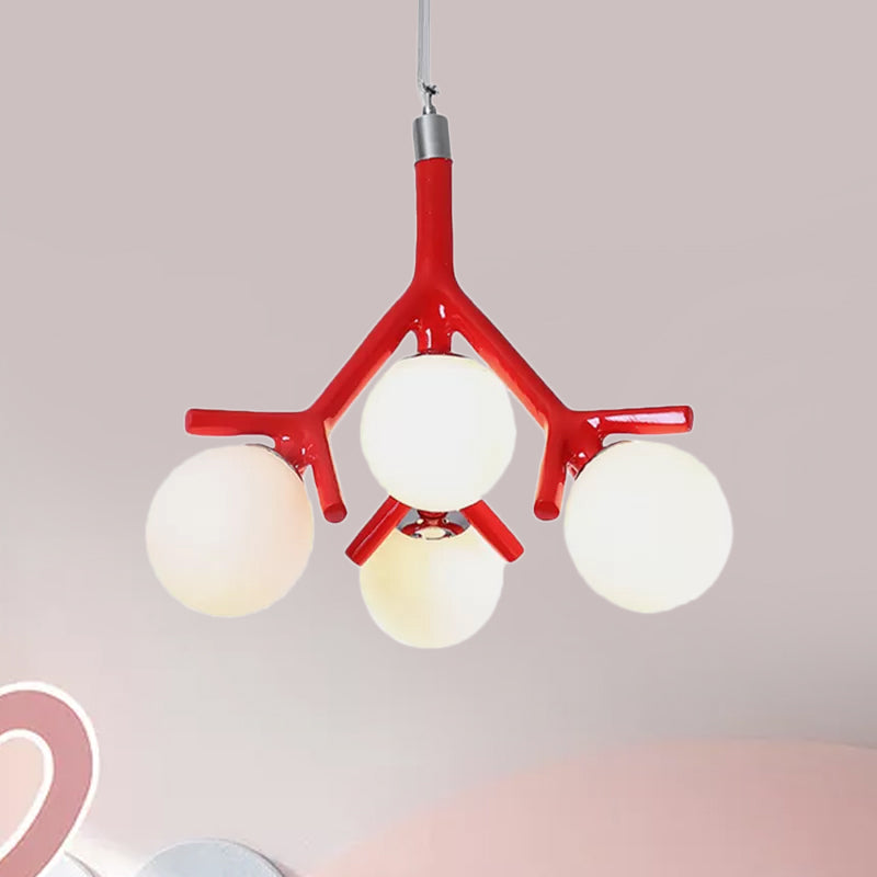 Contemporary Global Chandelier - White Glass With Branch Design 4 Lights Hanging Ceiling Fixture In