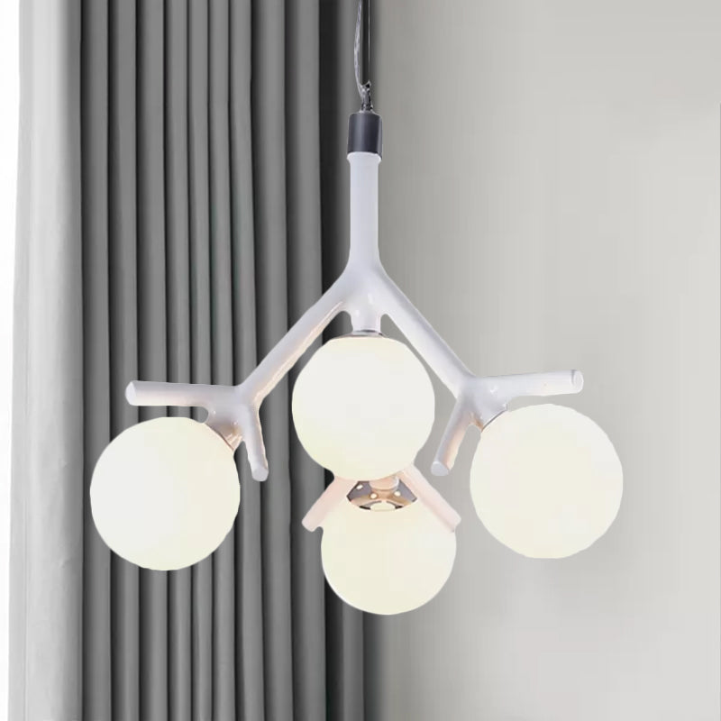 Contemporary Global Chandelier - White Glass With Branch Design 4 Lights Hanging Ceiling Fixture In