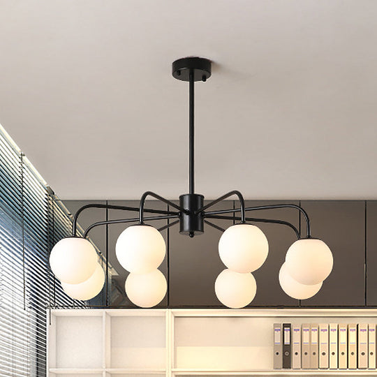Modern White Glass Globe Chandelier with Radial Design - 6/8/10 Lights, Hanging Ceiling Light, Curved Arm