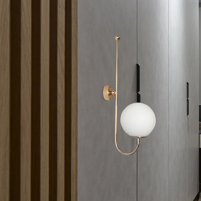 Modern Golden Gooseneck Wall Sconce With Frosted Glass Ball Shade For Bedroom