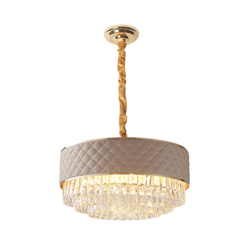 Modernist Crystal Prisms Drum Chandelier - 10-Light Gold Pendant Lamp with Leatherwear Accents