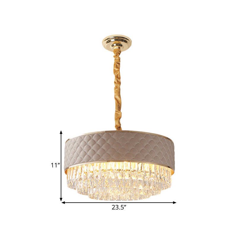 Modern 10-Light Crystal Drum Chandelier With Gold Finish And Leather Accents