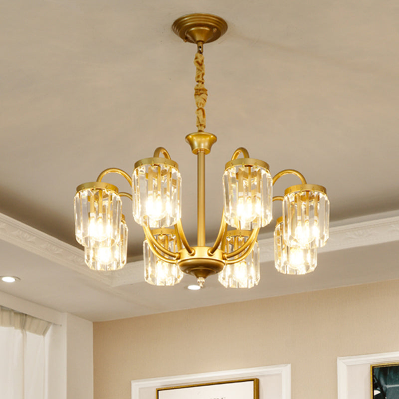 Modern Cylinder Pendant Chandelier With Crystal Prisms - Gold Finish 6/8 Heads Living Room Hanging