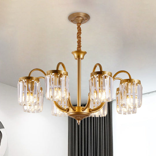 Modern Cylinder Pendant Chandelier With Crystal Prisms - Gold Finish 6/8 Heads Living Room Hanging
